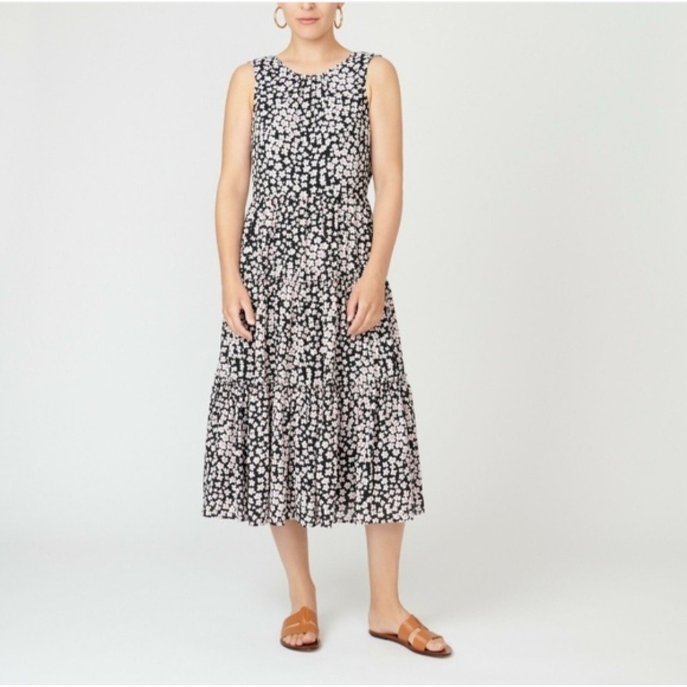 J.Crew Tiered Midi Dress Black Pink Floral Daisy V-Back AP138‎ Womens Size S NWT